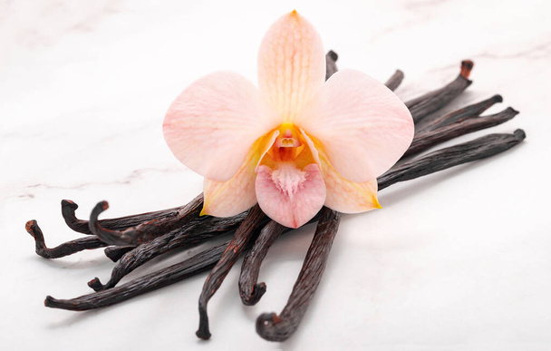 Sušené vanilkové tyčinky a orchidej květina nastavit na mramorové pozadí. - Fotografie, Obrázek