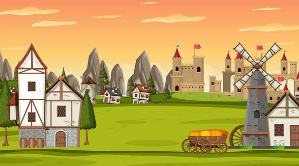 Medieval town scene in cartoon style illustration - Vector, Image