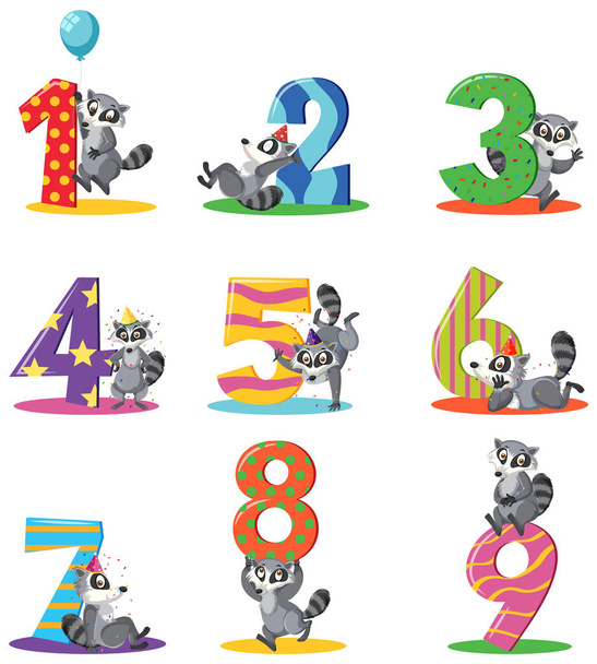 Set di procione diverso che tiene i numeri isolati su sfondo bianco illustrazione - Vettoriali, immagini