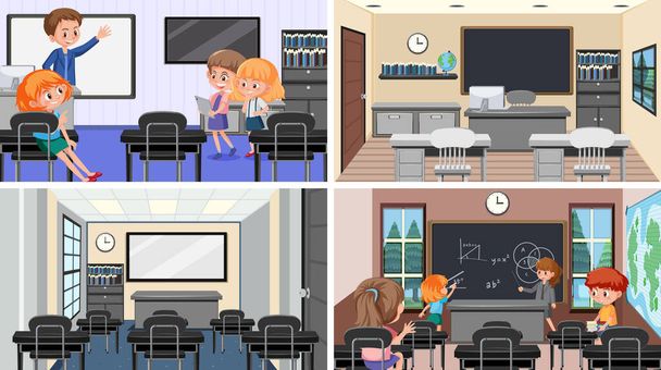 Set of student in the classroom scene illustration - Vector, Image
