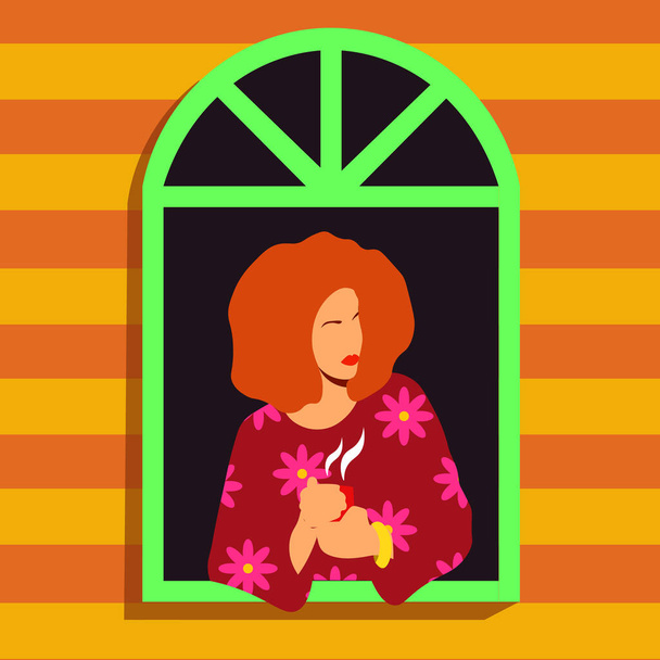 Beautiful girl drinks coffee and looks out the window. Good leisure time at home. Spanish floral dress. Bright summer colors. Modern man is resting after work. - Vector, Imagen