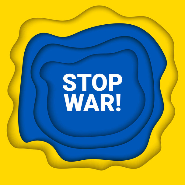 Vektorový papír střih žluté a modré pozadí ilustrace Modlit se za, Stand With, Stop War koncept s zákaz znamení na vlajku barvy. Zastavte válku, Ukrajinu a prapor vojenského útoku - Vektor, obrázek