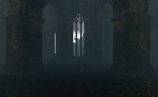 Pilastri e archi di un'antica cattedrale in rovina in una campagna nebbiosa. Rendering 3D. - Foto, immagini