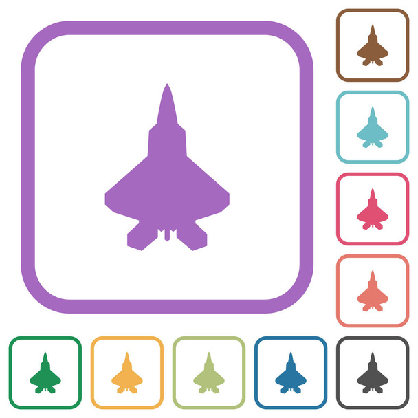 Jet fighter silhouette semplici icone a colori arrotondate cornici quadrate su sfondo bianco - Vettoriali, immagini