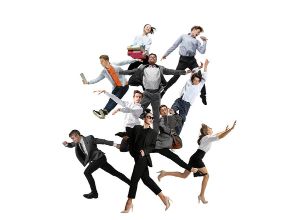 Emotional office workers jumping and dancing in casual clothes and business suit with folders, coffee, tablet on white. Ballet dancers. Creative collage. - Photo, image