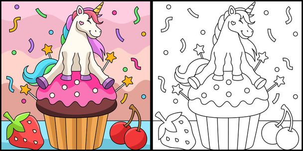 Unicorno seduto su una pagina da colorare Cupcake - Vettoriali, immagini