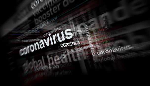 Uluslararası medyada Coronavirus covid salgın krizi ile ilgili manşet haberleri. Ekranlarda yayınlanan internet haber başlıklarının soyut konsepti 3D illüstrasyon. - Fotoğraf, Görsel