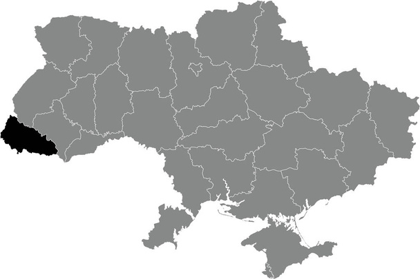 Negro plano en blanco destacado mapa localizador de la zona administrativa ucraniana de ZAKARPATTIA OBLAST dentro de gris plano mapa de UCRANIA - Vector, Imagen