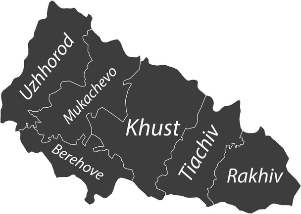 Dark gray flat vector map of raion areas of the Ukrainian administrative area of ZAKARPATTIA OBLAST, UKRAINE with white border lines and name tags of its raions - Vector, Image