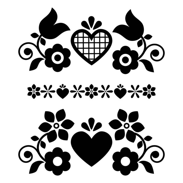 Folk art vector design elements with flowers perfect for greeting card or wedding invitation inspired by Polish embroidery, black and white set - Vektori, kuva
