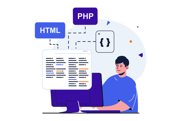 Programátor pracující na moderním plochém konceptu pro design webových bannerů. Man programy kód v html a php, testuje a najde kreativní řešení, vytváření softwaru. Ilustrace s izolovanou scénou - Fotografie, Obrázek