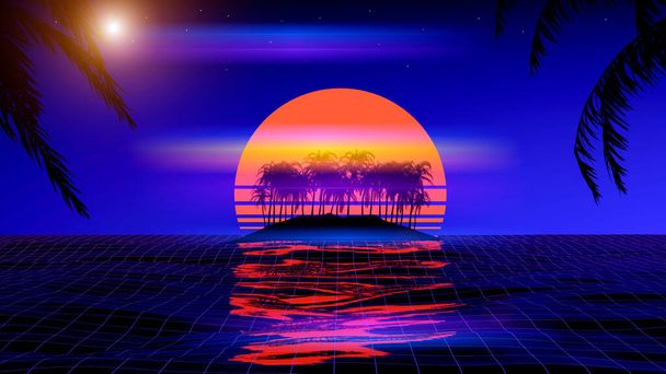 3D tropický západ slunce s ostrůvky a palmami. Oceánské a neonové slunce v syntetické vlně a nová retrovlnová estetika 80. let 90. - Fotografie, Obrázek