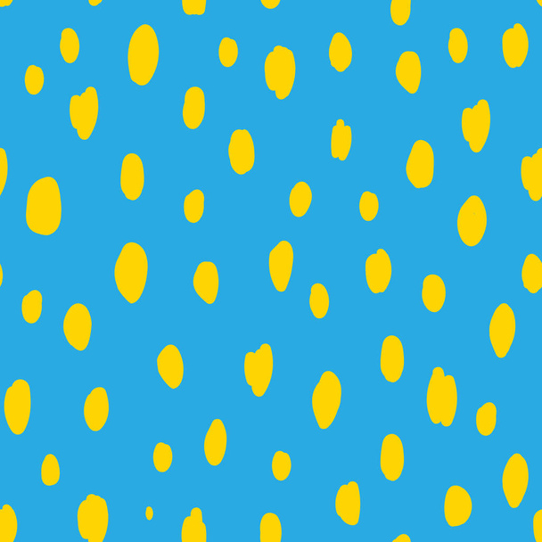 Doodle blue and yellow seamless polka dot pattern. Hand drawn vector irregular abstract texture with random hand drawn spots - Vettoriali, immagini