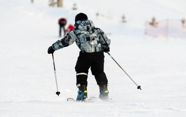 Soči, Rusko - 18. ledna 2022: Alpské lyžování v zimním slunném dni. Aktivní zimní rekreace, Rosa Khutor. - Fotografie, Obrázek