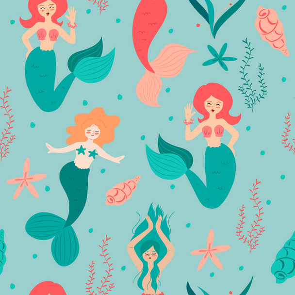 Seamless pattern with mermaids underwater with seaweed and sea shells - Vektör, Görsel
