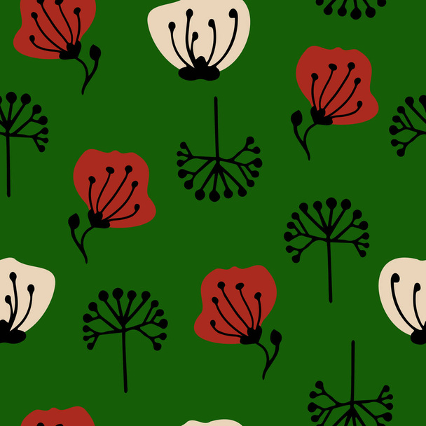 Modello senza cuciture con fiori estivi su sfondo verde - Vettoriali, immagini