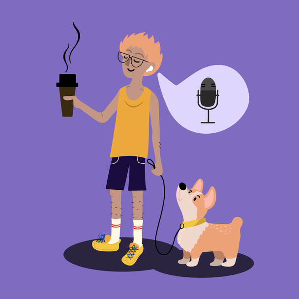 Vector card boy σε γυαλιά με τα πόδια με το σκυλί και ακούγοντας podcast μέσω λοβών αυτιών με take away καφέ - Διάνυσμα, εικόνα