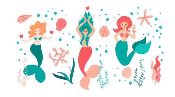 Seamless pattern with cute redhead mermaid - Vector, Image