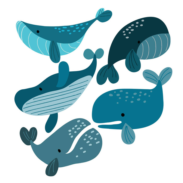 Vector set of cute and funny ocean whales, humpback, blue whale, cachalot - Vektor, kép