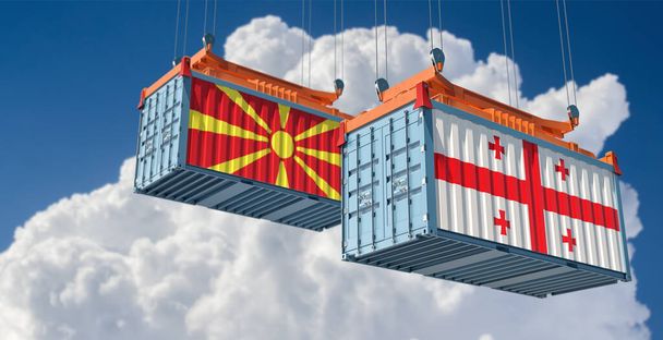 Εμπορευματοκιβώτια με εθνικές σημαίες της Γεωργίας και της Βόρειας Μεκεδονίας. 3D απόδοση - Φωτογραφία, εικόνα