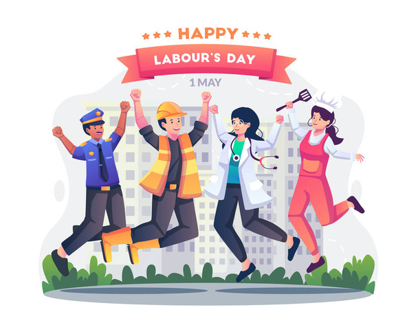 I lavoratori del lavoro in diverse professioni si divertono a saltare insieme festeggiando felicemente la giornata del lavoro il 1 maggio. Illustrazione vettoriale in stile piatto - Vettoriali, immagini