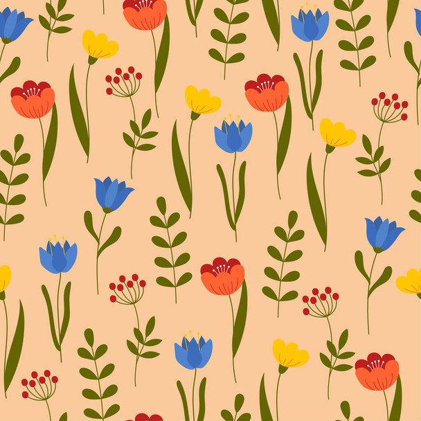 Seamless pattern with colorful flowers on pink background. Endless print made of flowers and branches. - ベクター画像