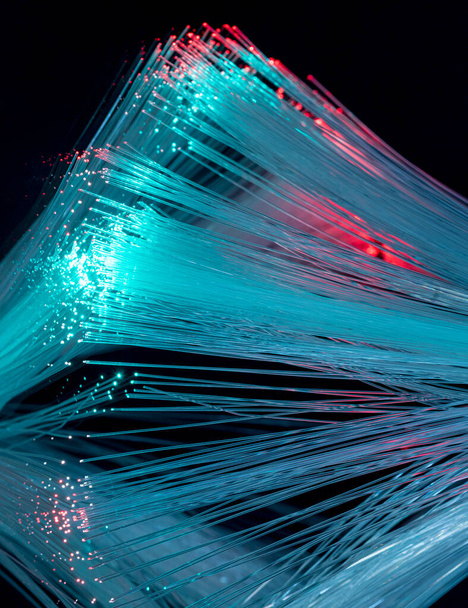 Освітлені оптичні волокна крупним планом в темній спині
 - Фото, зображення