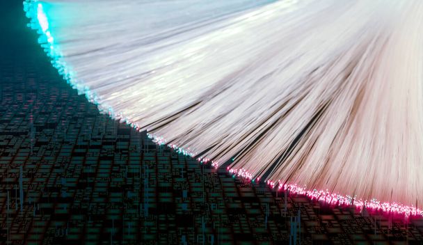 Освітлене вивільнене оптичне волокно крупним планом в абстрактній технічній спині
 - Фото, зображення
