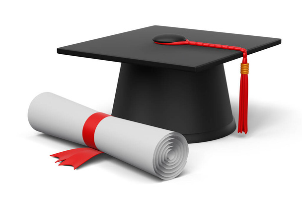 Graduation cap with Diploma, 3d rendering - Φωτογραφία, εικόνα