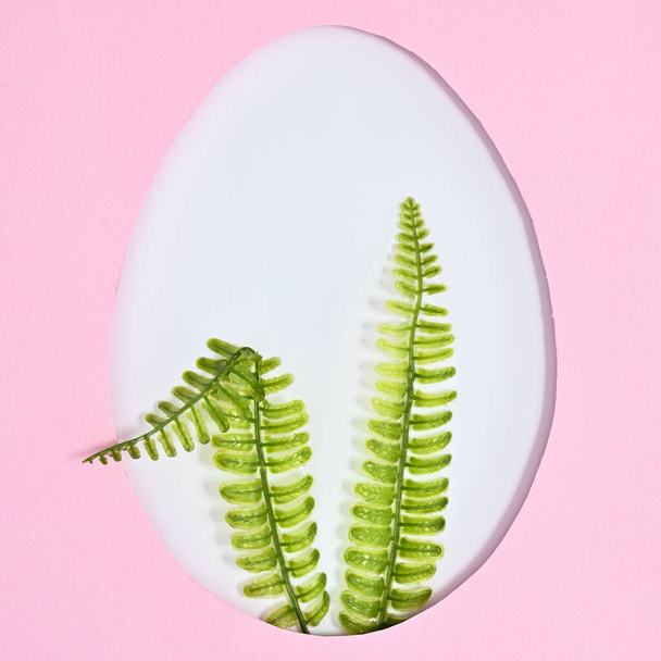 Easter creative concept. Egg shape with rabbit ears made of natural plants on pastel pink background. Flat lay - Foto, afbeelding