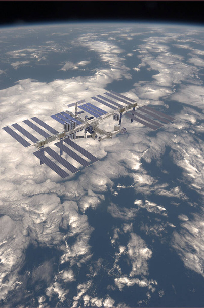 3D-kuvitus, joka kuvaa kansainvälistä avaruusasemaa Maa-planeetan taustalla web-artikkeleita, julisteita jne. - Valokuva, kuva