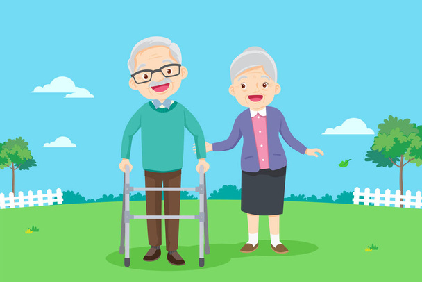 cute elderly woman taking care elderly man physical therapy in the park - Vector, Image