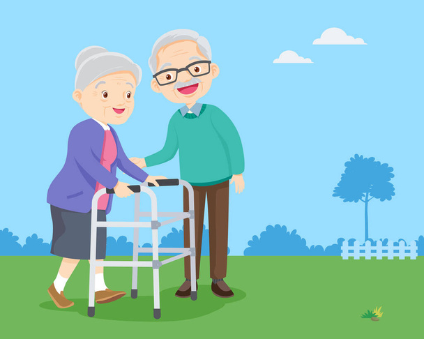 Yaşlı bir adam parkta yaşlı bir kadına fizik tedavi uyguluyor. - Vektör, Görsel