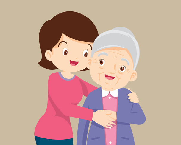 Glückliche erwachsene Tochter umarmt alte Mutter Gefühl der Liebe. Glückliche erwachsene Tochter umarmt alte Mutter Gefühl der Liebe zueinander. - Vektor, Bild