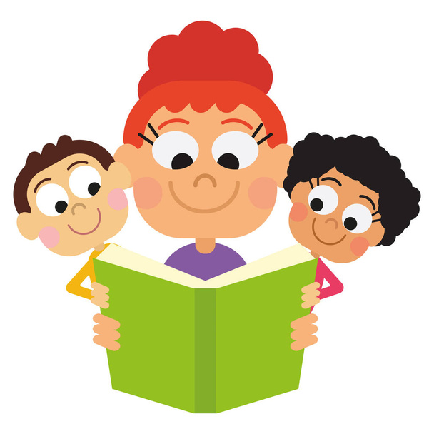 Mother reading a book to her children - Vector, Image