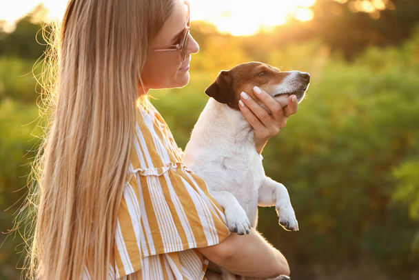 Junge Frau hält süßen Jack-Russel-Hund im Park - Foto, Bild