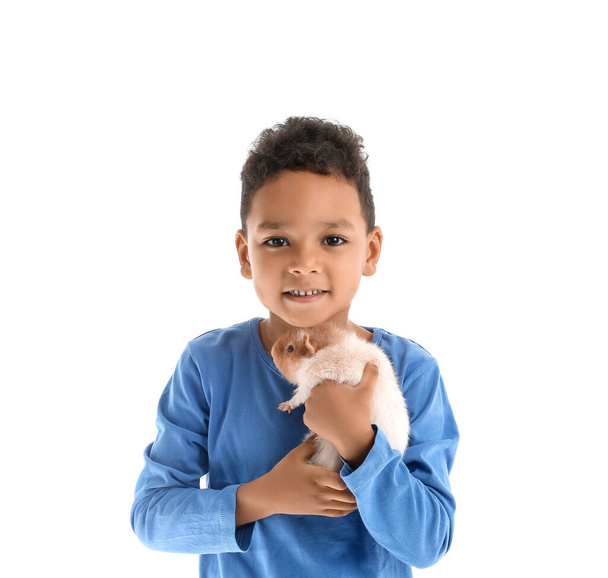 Little African-American boy with cute guinea pig isolated on white - 写真・画像