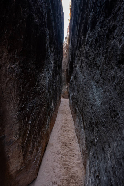 Ψηλοί στενοί τοίχοι της κοινής ουράς στην περιοχή των βελόνων του Εθνικού Πάρκου Canyonlands - Φωτογραφία, εικόνα