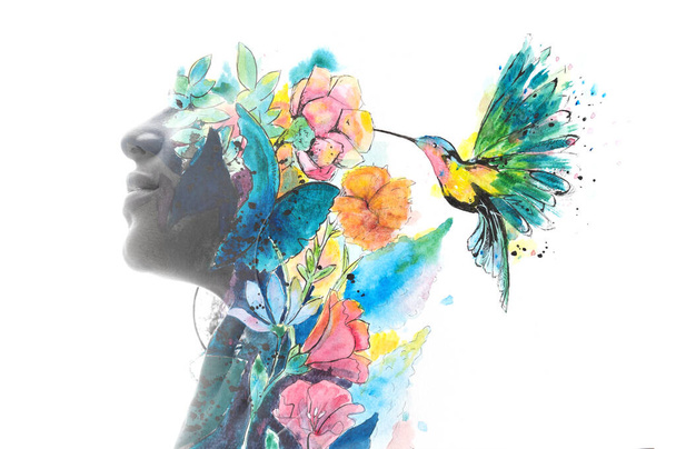 Paintography. A portrait of a woman combined with a painting of a hummingbird - Fotografie, Obrázek