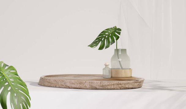 木製品は、白い背景に自然の葉、化粧品ボトルと表彰台を表示します。製品プレゼンテーションのための最小モックアップコンセプト。ソーシャルメディアバナー、プロモーション、スタジオのためのトレンディな3Dレンダリング - 写真・画像