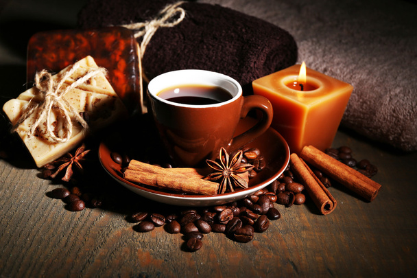 coffee drink, soap with coffee beans and spices - Photo, Image