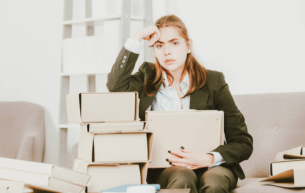 Sadness depressed businesswoman with many folders of documents, frustration secretary girl, stressed employee working overtime with too much work, office problem at workspace. - Foto, imagen
