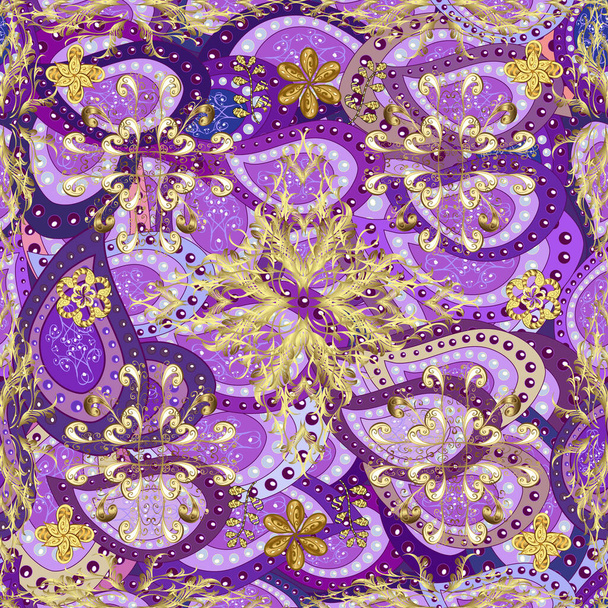 Seamless classic vector golden pattern. Vector illustration. Seamless pattern on neutral, purple and violet colors with golden elements. Classic vintage background. Traditional orient ornament. - Vector, Image