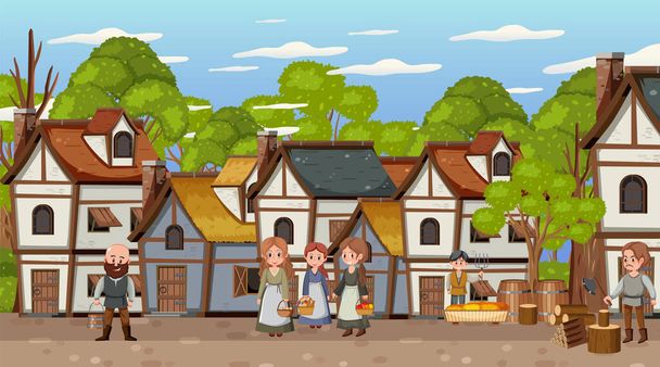 Escena medieval de pueblo con ilustración de aldeanos - Vector, imagen