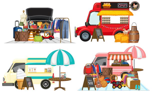 Flea έννοια της αγοράς με το σύνολο των διαφορετικών αυτοκινήτων εκκίνησης εικονογράφηση πωλήσεων - Διάνυσμα, εικόνα