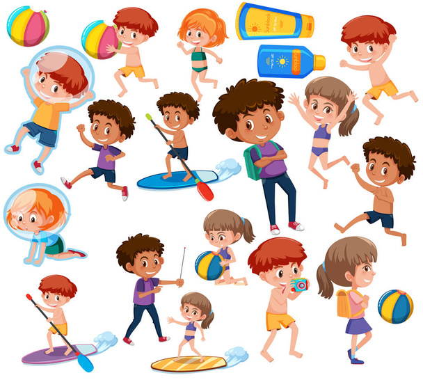 Συλλογή πολλών παιδιών που κάνουν διαφορετικές δραστηριότητες εικονογράφηση - Διάνυσμα, εικόνα