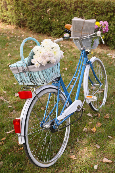 Bicycle with flowers in metal basket - 写真・画像