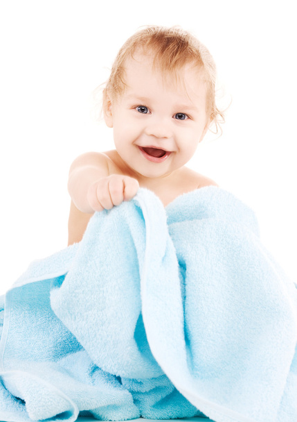 Baby with blue towel - 写真・画像