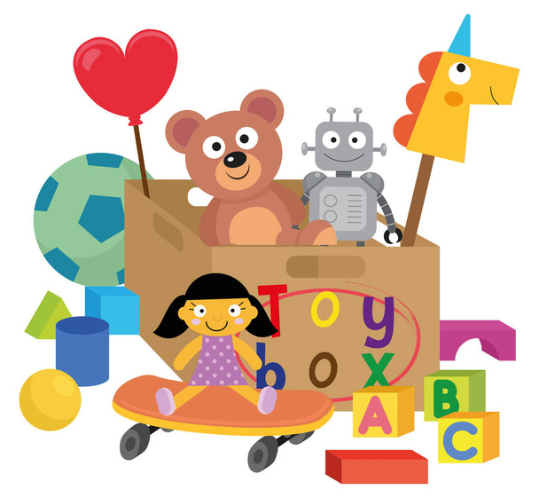 Różne zabawki dla dzieci wewnątrz i na zewnątrz pudełka zabawki - Wektor, obraz