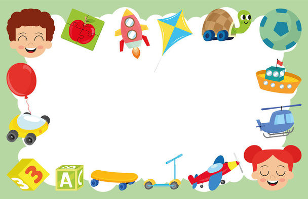 Tarjeta de felicitación vectorial con juego de juguetes para niños. Juguetes infantiles - Vector, imagen